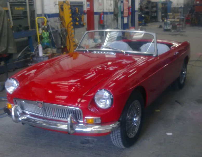 Red MG classic restoration in the workshop